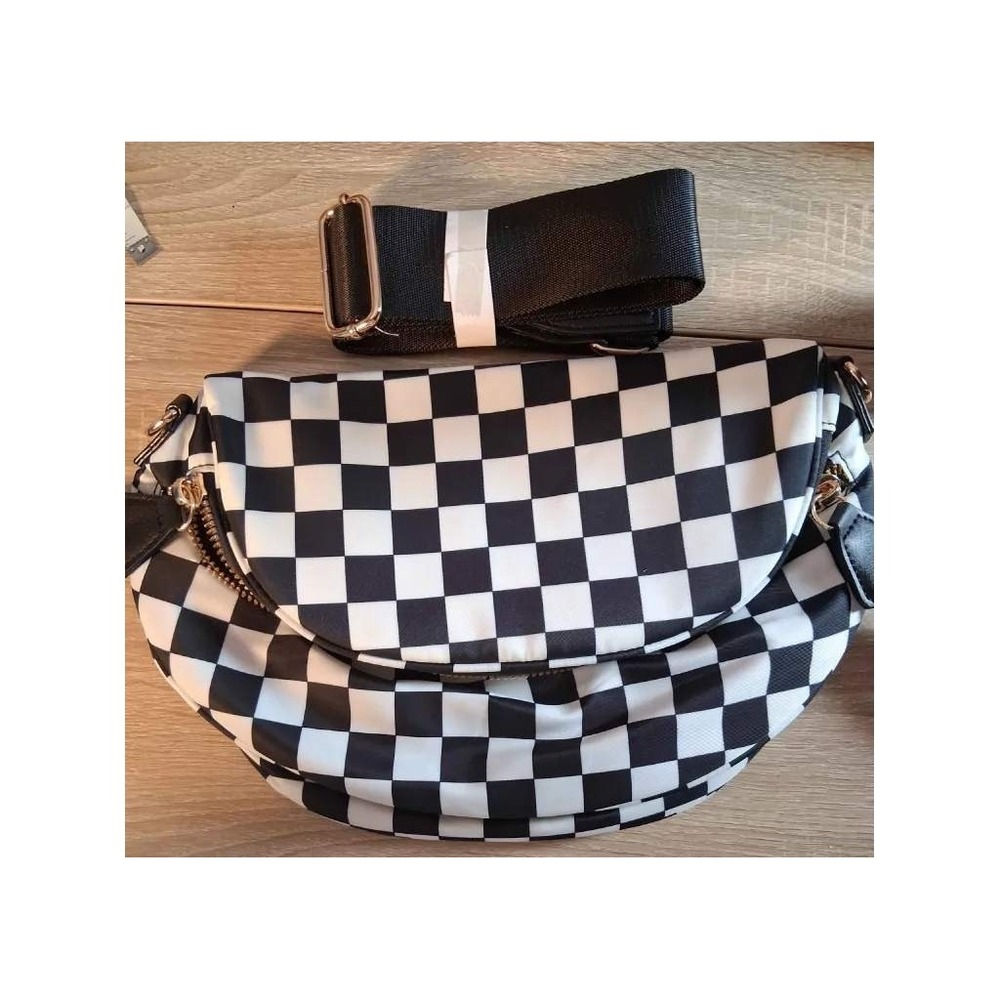 Black White Checkered Crossbody Bag Crescent Fanny Pack Gold Hardware